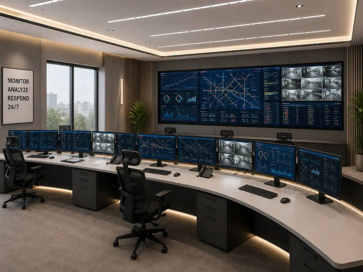 Control room space with technical consoles